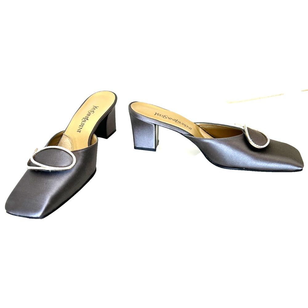 NWOB Vtg Yves Saint Laurent Satin Mules Rhinestone Silver Grey Italy YSL Shoes 8